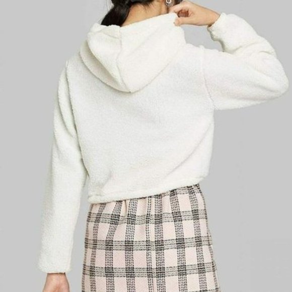 Wild Fable Women's Hooded Faux Fur Sherpa Crop Sweatshirt Ivory Size XS - Picture 2 of 5